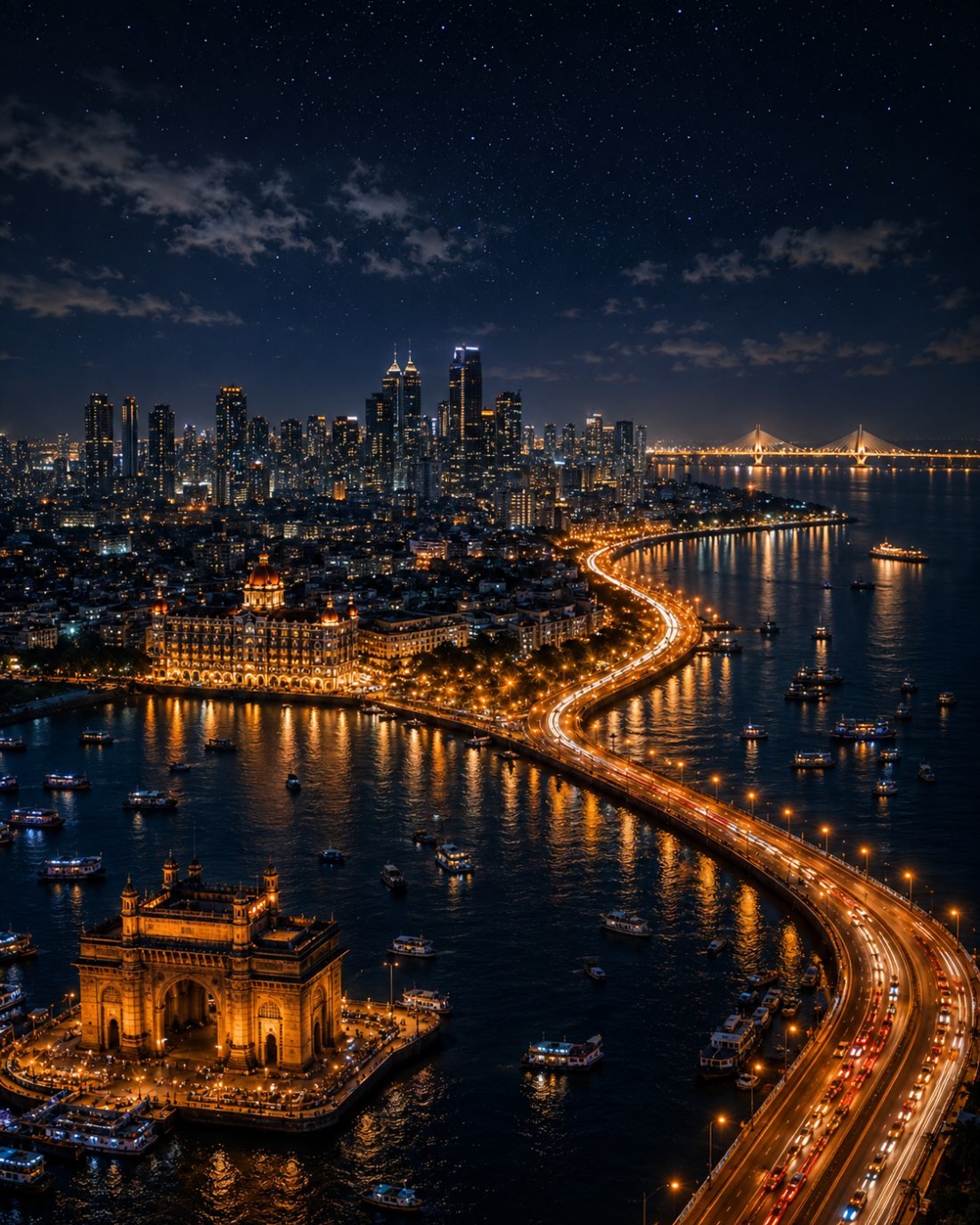 Mumbai at night — Marine Drive, the Gateway of India and the city skyline
